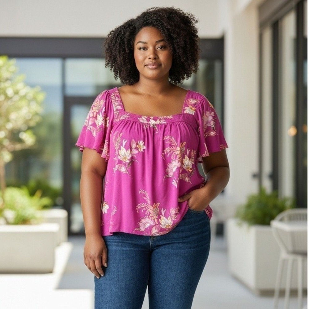 Torrid Magenta Pink Floral Square Neck Flutter Sleeve Blouse Plus Size 1 XL